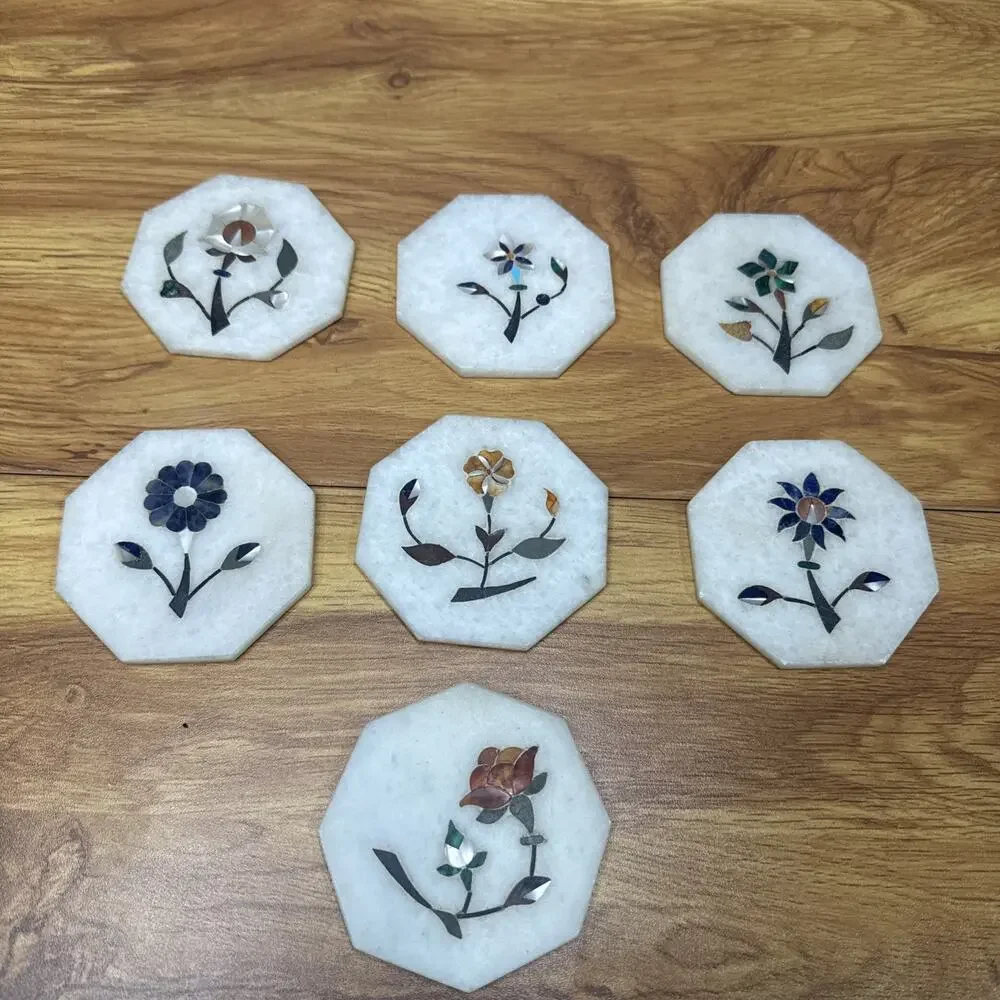 White Marble Floral Coasters Pietra Dura Inlay Lapis Mother of Pearl 3